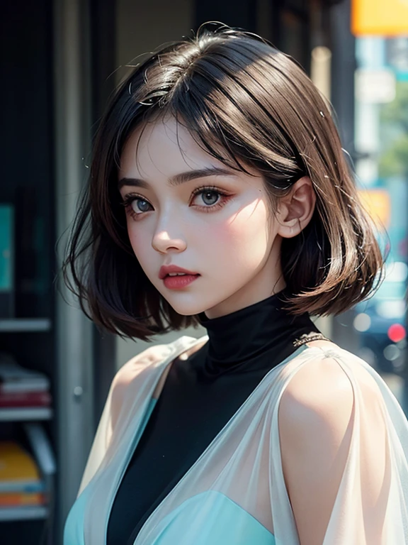 (Fluorescent Color:1.4),(translucent:1.4),(Retro filter:1.4),(strange:1.4),(Photo of a woman's upper body,1 girl),Off-shoulder,Smile,Short hair details,Black shawl straight hair,Side Bangs,tiny braids,High-resolution details、Very detailed、Surrealism、(Super quality)、Rich in details,Full HD,Plenty of lighting,Soft Light、Deep field focus bokeh,It's a perfect face,Pretty Face,beautiful eyes,((Perfect female body)),Elegant light powder,Star,diamond earrings,gemstone necklace,