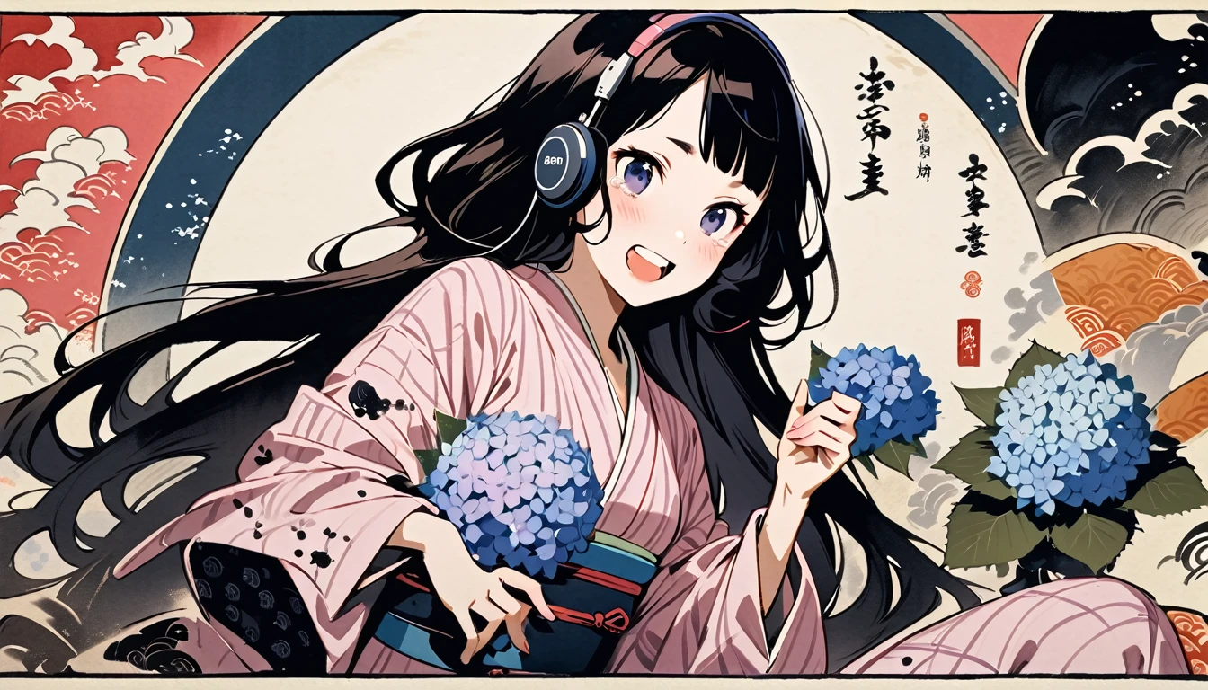 Highest quality, Katsushika Hokusai, Ink Painting, (((very straight longhair))), (((hydrangea))), (((Pale pink yukata))), headphone, beautiful girl, Black Hair, Delicate and precise, Modern ukiyo-e style, Laughs and Tears