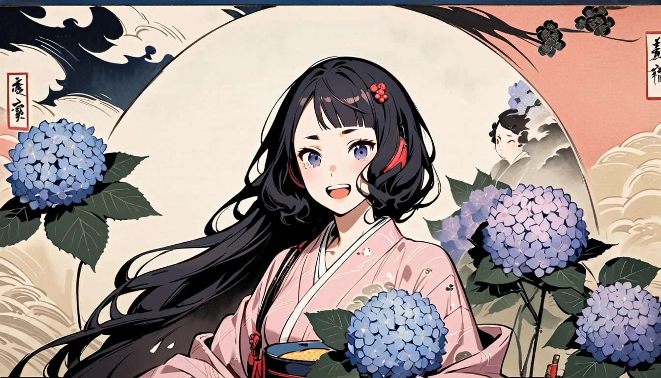 Highest quality, Katsushika Hokusai, Ink Painting, (((very straight longhair))), (((hydrangea))), (((Pale pink yukata))), headphone, beautiful girl, Black Hair, Delicate and precise, Modern ukiyo-e style, Laughs and Tears