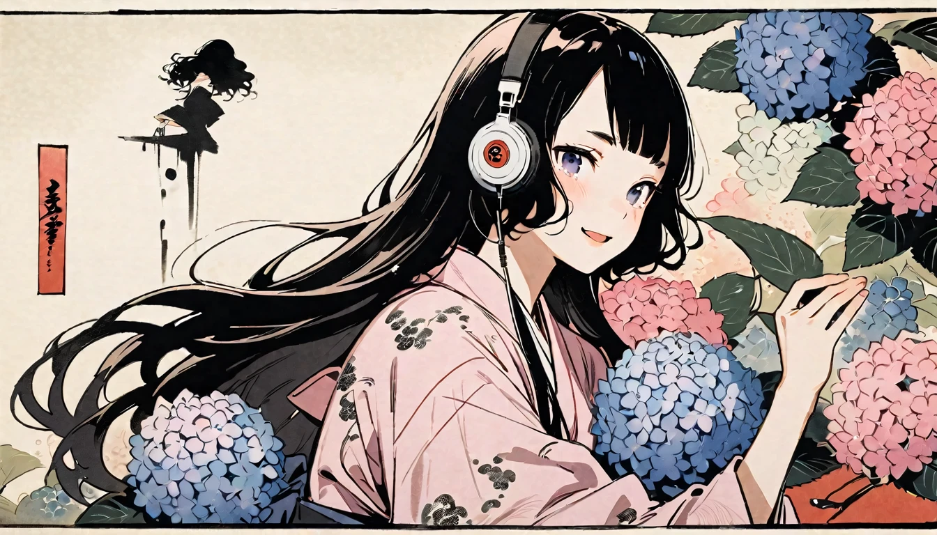 Highest quality, Katsushika Hokusai, Ink Painting, (((very straight longhair))), (((hydrangea))), (((Pale pink yukata))), headphone, beautiful girl, Black Hair, Delicate and precise, Modern ukiyo-e style, Laughs and Tears