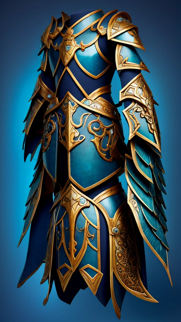 Armor Name: Aurelia Azuris Description: The Aurelia Azuris is an imposing and majestic armor, forged by the gods themselves. Its golden color shines like the sun at dawn, while the blue gems embedded in it sparkle with the intensity of the deep ocean.

Radiant Helm:
The helmet is a masterpiece of design, with a crest of peacock feathers extending back. His eyes are covered by blue sapphire visors, granting enhanced vision and protection against visual attacks.
Breastplate of the Heavens:
The breastplate covers the wearer&#39;s chest and back.. It is decorated with intricate patterns of angel and dragon wings.. The blue gems in the center shine like stars in the night.
Bracers of the Tempest:
The bracers are robust and ornate. Each one has a blue gem on the back of their hand, allowing the wearer to control winds and storms.
Oceanic Greaves:
Greaves protect the legs and feet. They are engraved with symbols of waves and ocean currents. Blue gems on the ankles allow the wearer to move with the agility of a dolphin.