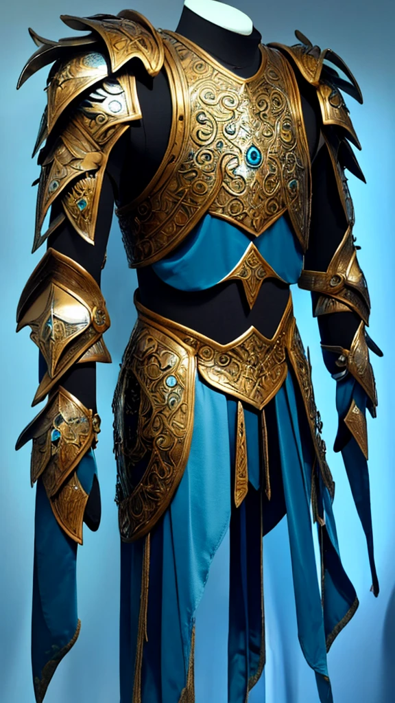 Armor Name: Aurelia Azuris Description: The Aurelia Azuris is an imposing and majestic armor, forged by the gods themselves. Its golden color shines like the sun at dawn, while the blue gems embedded in it sparkle with the intensity of the deep ocean.

Radiant Helm:
The helmet is a masterpiece of design, with a crest of peacock feathers extending back. His eyes are covered by blue sapphire visors, granting enhanced vision and protection against visual attacks.
Breastplate of the Heavens:
The breastplate covers the wearer&#39;s chest and back.. It is decorated with intricate patterns of angel and dragon wings.. The blue gems in the center shine like stars in the night.
Bracers of the Tempest:
The bracers are robust and ornate. Each one has a blue gem on the back of their hand, allowing the wearer to control winds and storms.
Oceanic Greaves:
Greaves protect the legs and feet. They are engraved with symbols of waves and ocean currents. Blue gems on the ankles allow the wearer to move with the agility of a dolphin.