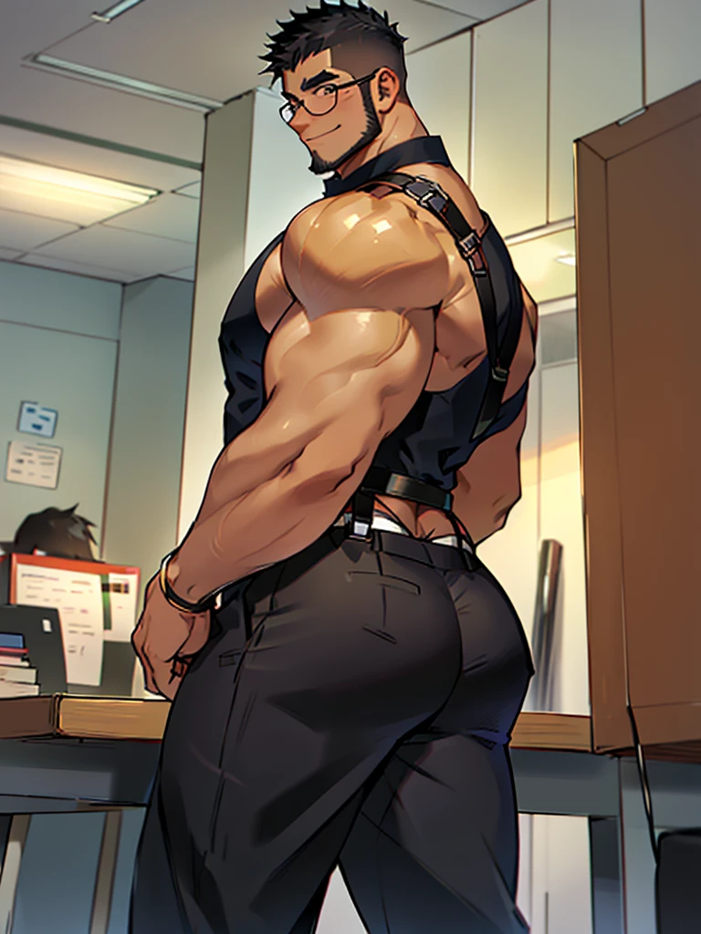 4k, masterpiece, high resolution:1.2, 1 man, solo, bara, muscular, big physique, crew cut hair, facial hair, chest, wide shoulder, biceps, thighs, triceps, butt, black hair, cute smile, friendly, standing in an office, wearing formal trousers, wearing formal stripes pattern office shirt, wearing glasses, upstairs office in the background, ultra detailed, shredded muscle, flat style (((wearing harness))) (((view from the side, thick huge ass))) and humping a table