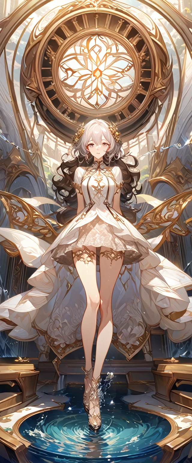 best quality ,masterpiece, illustration, an extremely delicate and beautiful, extremely detailed ,CG ,unity ,8k wallpaper, Amazing, finely detail, masterpiece, best quality, official art, extremely detailed CG unity 8k wallpaper, solo, thigh focus, (full body), arms behind back, white background, finely detailed face and eyes, extreme detail, detailed face, detailed hair, detailed clothes, high quality, slim body, water, masterpiece:1.3, focus:1.2, skirt, short skirt, transparent skirt, lace skirt, all kind of pose, big , hair ornament, meticulous clothes, inspired by Asukaziye artist : ask, art style : ask
