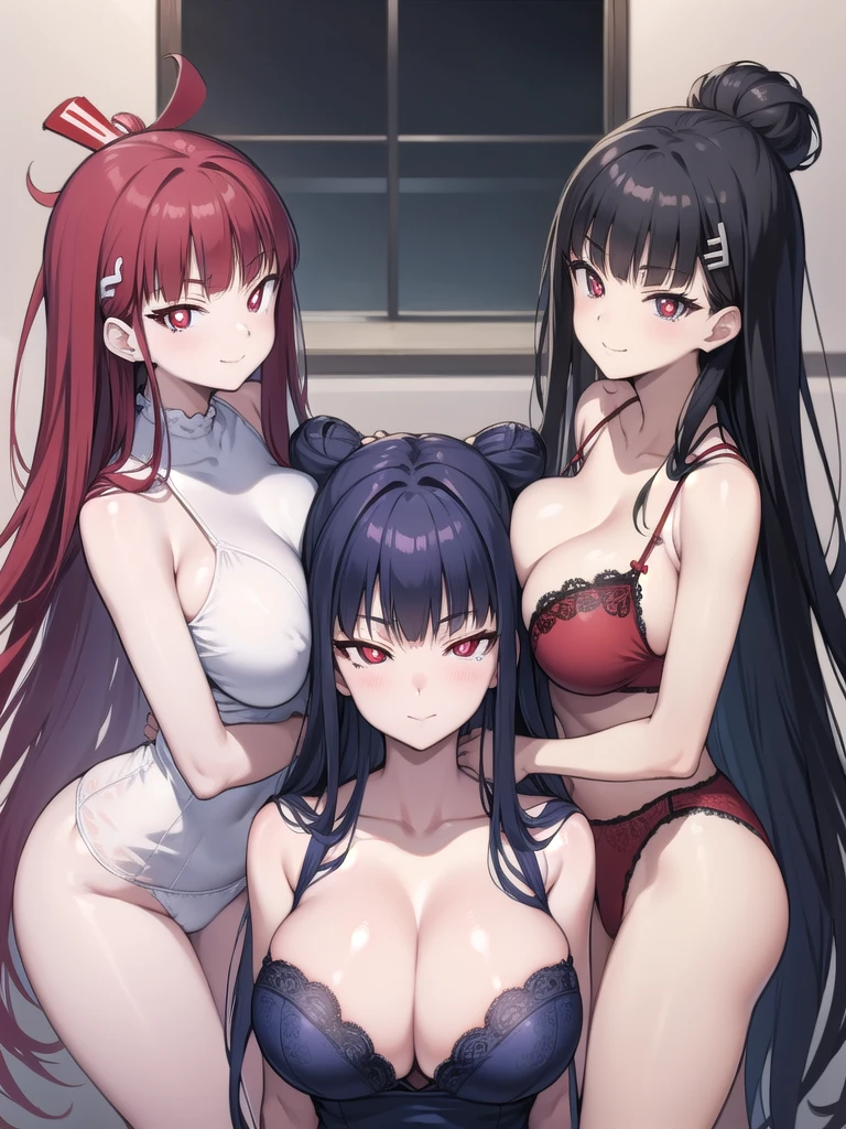 Rivertsukatsuki, River, Navy blue hair color (red eyes:1.5), Bun Hair、Extremely large breasts(4700)、 Lace Lingerie、Twins hugging、smile