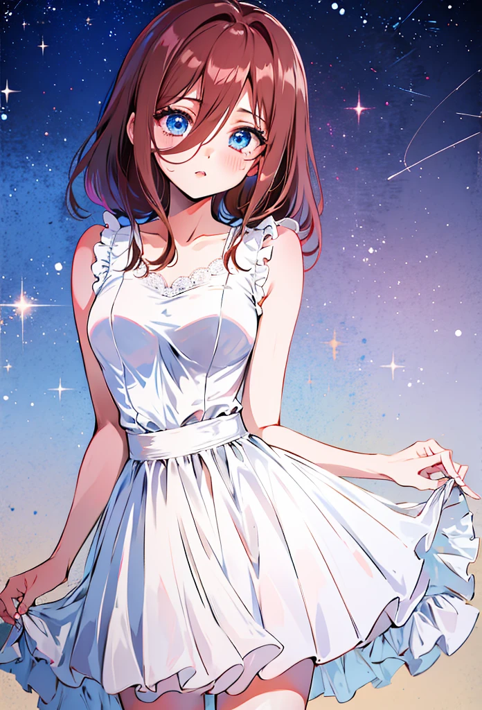 score_9, score_8_up, score_7_up, score_6_up, source anime, akihcipnxl, (1 girl) Sfw, Miku nakano, pretty teenage girl with fluffy long pink brown hair, heart shaped lips and blue eyes making a cute face, aamiku, Nakano Miku from The Quintessential Quintuplets, Miku Nakano, masterpiece, 4k, ultradetailed, cowboy shot, nakano Miku, pink red brown hair, blue eyes, sparkling eyes, night wear, white minimal simple nightwear matching set, white iridescent matching set, white satin and lace night vest, white satin and lace tank top with thin shoulder straps, white satin light night skirt, minimal outfit, simple outfit, all white outfit, full body, dynamic pose, moving, dynamism, hair between eyes, nightwear, starry sky behind her, night sky, pretty stars
