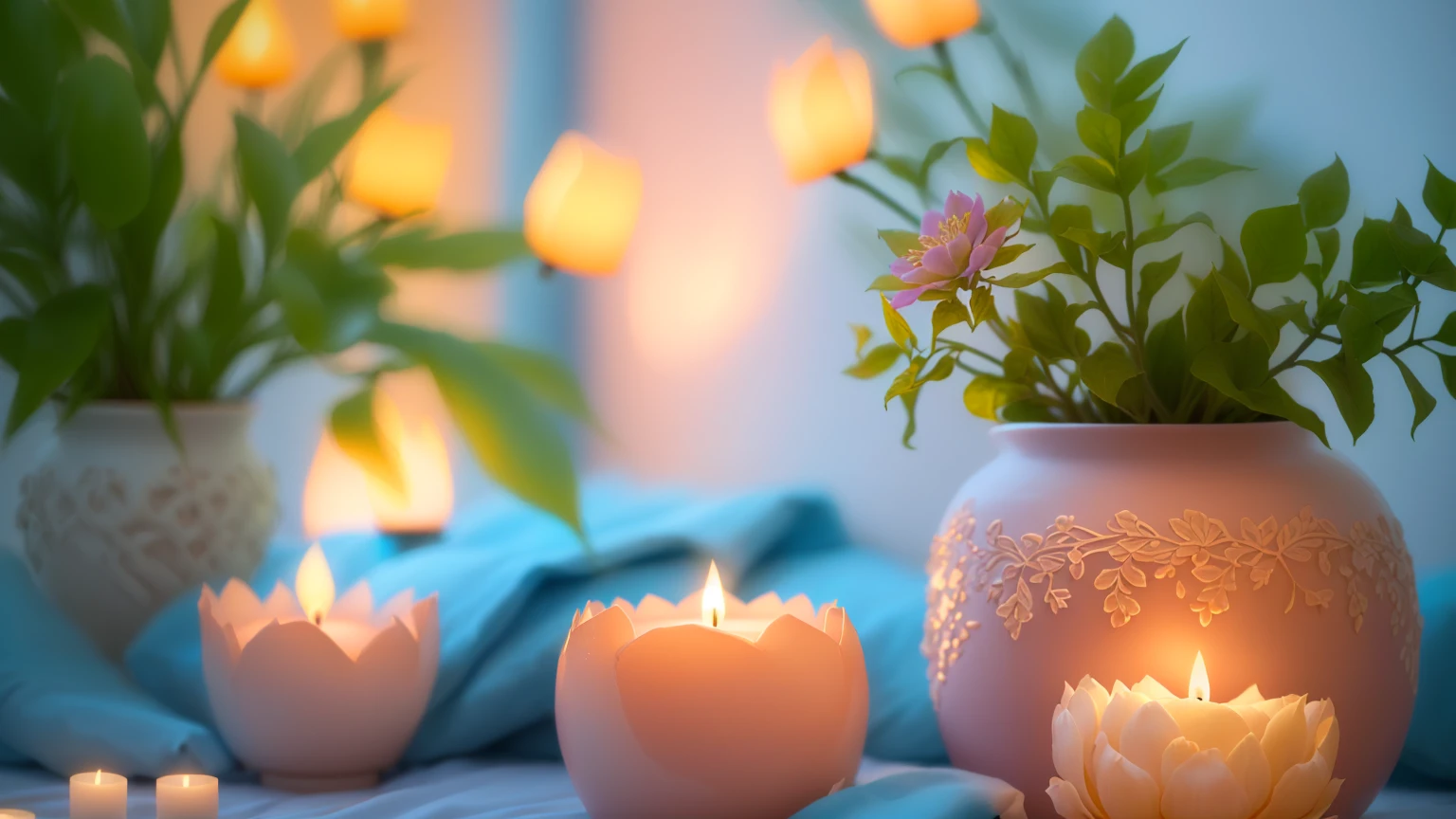 A vase with a plant in it and a lit candle, Peaceful atmosphere, Cozy candlelight, Soft glow, Relaxed atmosphere, Floating Candles, Candles in the foreground, Natural candle lighting, Glowing Candles, relaxed mood, Cozy and quiet atmosphere, Beautiful atmosphere, beautiful and soft lighting, Light a candle, Candlelit, Beautifully illuminated, Soft and warm light, soft light atmosphere