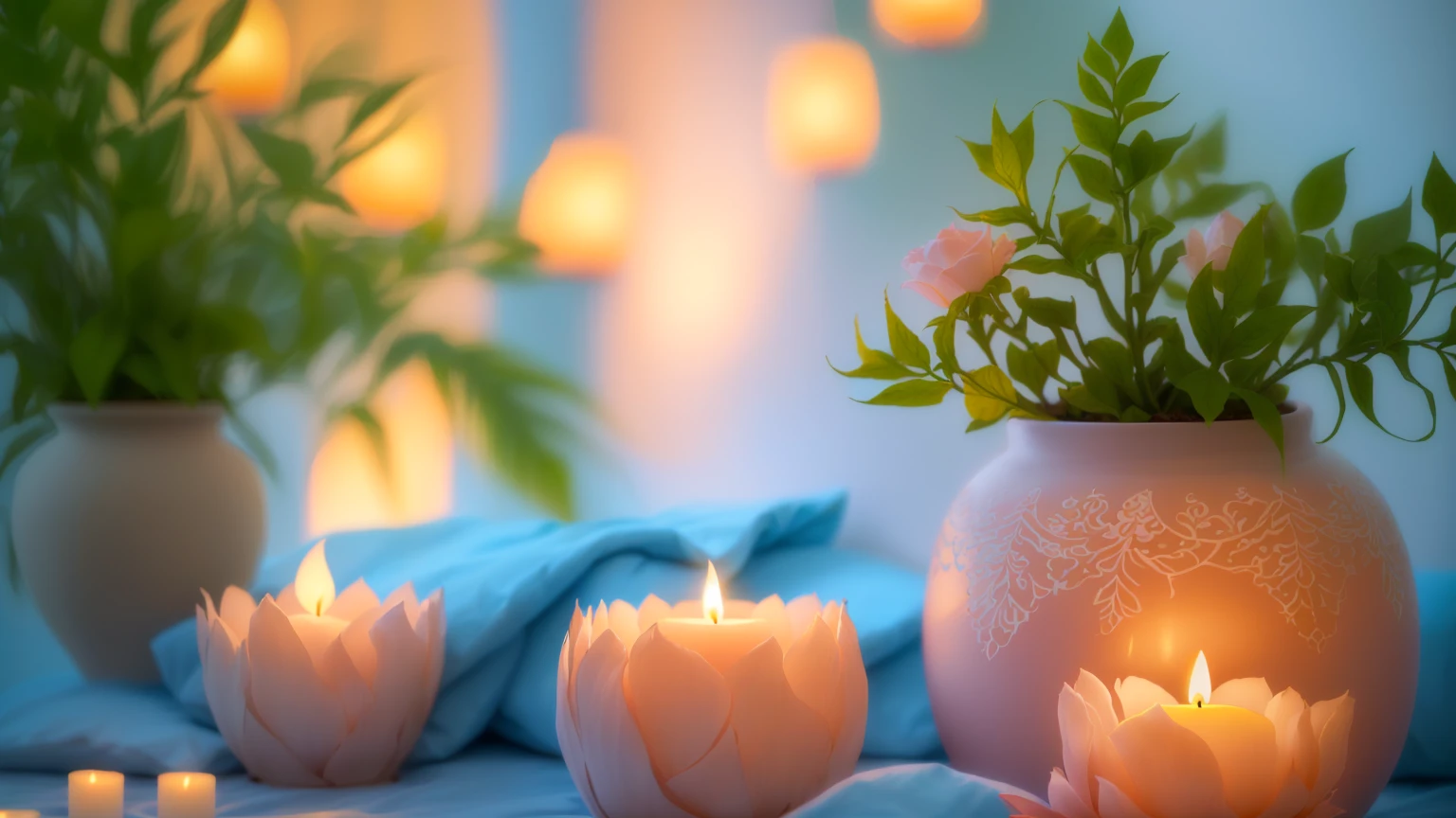 A vase with a plant in it and a lit candle, Peaceful atmosphere, Cozy candlelight, Soft glow, Relaxed atmosphere, Floating Candles, Candles in the foreground, Natural candle lighting, Glowing Candles, relaxed mood, Cozy and quiet atmosphere, Beautiful atmosphere, beautiful and soft lighting, Light a candle, Candlelit, Beautifully illuminated, Soft and warm light, soft light atmosphere