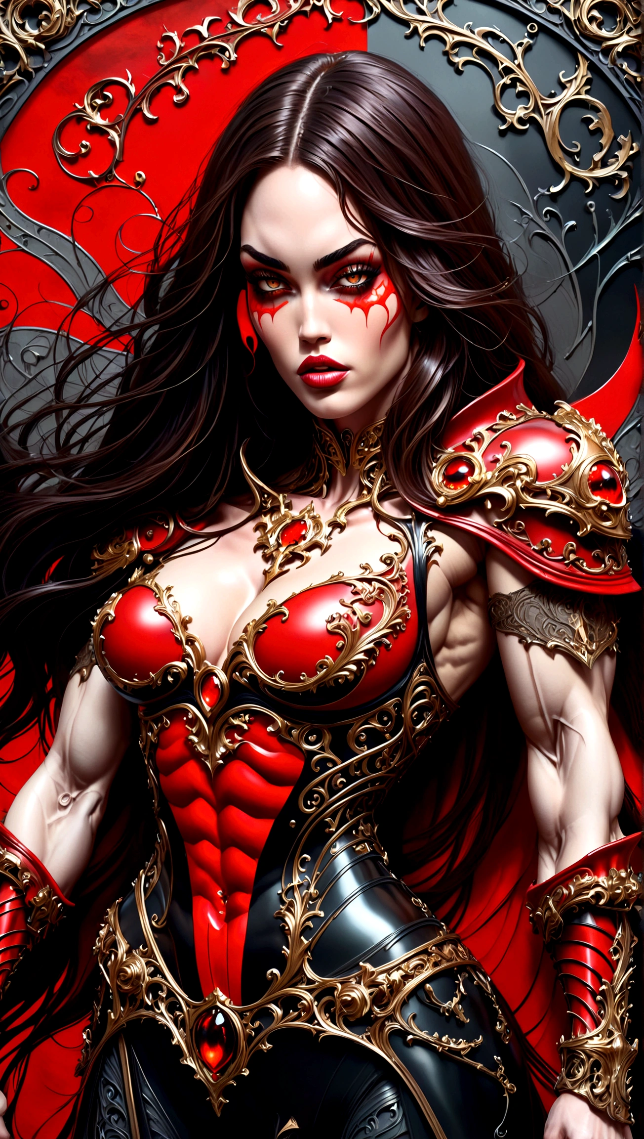 (megan fox:1.25), (muscular:1.5), (full body view:1.25), (red and black colors:1.46), (woman:1.1),(very muscular bodybuilder girl:1.25), (huge upper body:1.25), (narrow hips:1.0), long hair, (gothic intricate ornate vampiric armor:1.25), (gauntlets:1.0), (shoulder armor:1.1), ((tarot style frame:1.25)), (glowing red eyes:1.25), (huge muscular arms:1.5,), (10-pack abs:1.4), (lots of veins:1.25), (horror:1.0), (esoteric:1.1), (solo:1.4), (dynamic angle:1.0), (cowboy shot:1.0), thin legs, Realistic, Very detailed face and eyes, (masterpiece:1.1), (best quality:1.1), (ornate:1.1), (beautiful girl face:1.25)