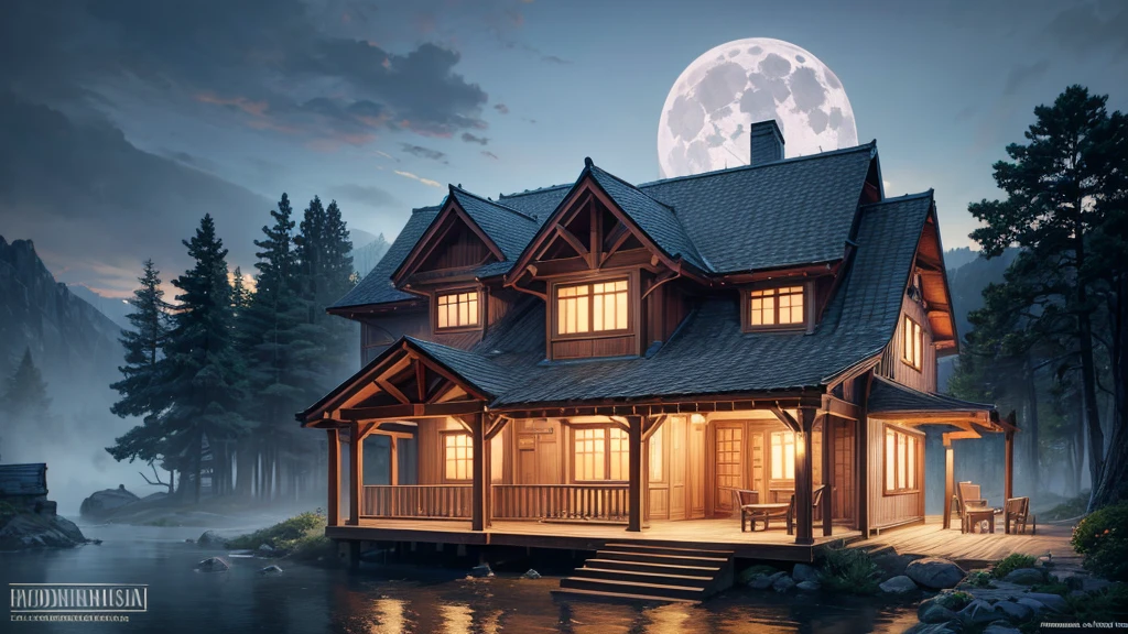 House with porch and porch on hill under full moon, Quiet wooden mansion, realistic fantasy render, Beautiful rendering, beautiful artist rendering, Luxury wooden cottage, House Background, Inspired by Terry Redlin, Unreal Engine ; Romantic Theme, Realistic fantasy illustration, Photorealistic Rendering, Background artwork, Night rendering, 8k high quality detailed art