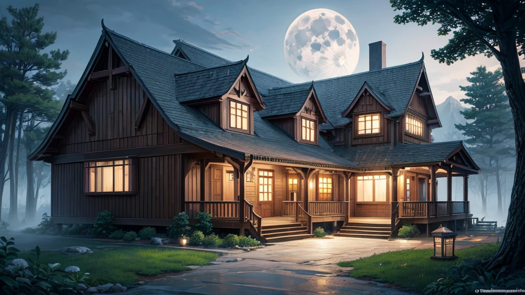 House with porch and porch on hill under full moon, Quiet wooden mansion, realistic fantasy render, Beautiful rendering, beautiful artist rendering, Luxury wooden cottage, House Background, Inspired by Terry Redlin, Unreal Engine ; Romantic Theme, Realistic fantasy illustration, Photorealistic Rendering, Background artwork, Night rendering, 8k high quality detailed art