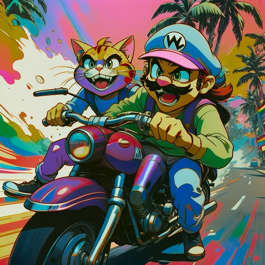 duo top cat and wario riding motorcycles, comic cinematic poster, image within image, multiple exposure, massive scale, rich color grading for shading depth, hand drawn rotoscope cartoon realism, chiaroscuro lighting, mixed media, vintage comic, retro original design, 1990's comic set in 1960's, sense of movement and energy, tropical rot, rewilding, (full roygbiv color) ink, VHS, glitch, distorted, nostalgia, 90's retro vibes, analog tape, vcr aesthetics, tv, television, hand drawn, (full roygbiv color) ink charcoal expressive illustration, no light source, darkness, light mask uv rays across face, splash page