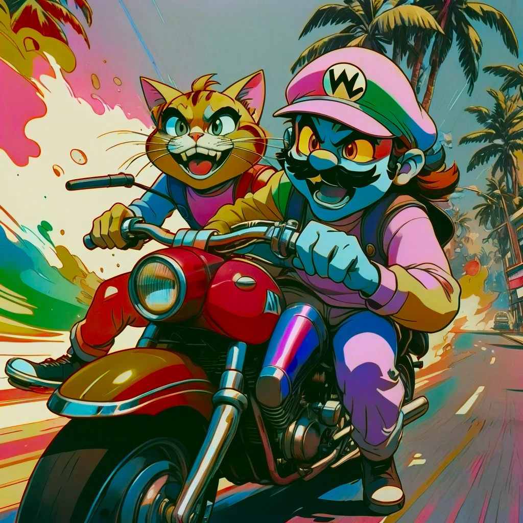 duo top cat and wario riding motorcycles, comic cinematic poster, image within image, multiple exposure, massive scale, rich color grading for shading depth, hand drawn rotoscope cartoon realism, chiaroscuro lighting, mixed media, vintage comic, retro original design, 1990's comic set in 1960's, sense of movement and energy, tropical rot, rewilding, (full roygbiv color) ink, VHS, glitch, distorted, nostalgia, 90's retro vibes, analog tape, vcr aesthetics, tv, television, hand drawn, (full roygbiv color) ink charcoal expressive illustration, no light source, darkness, light mask uv rays across face, splash page