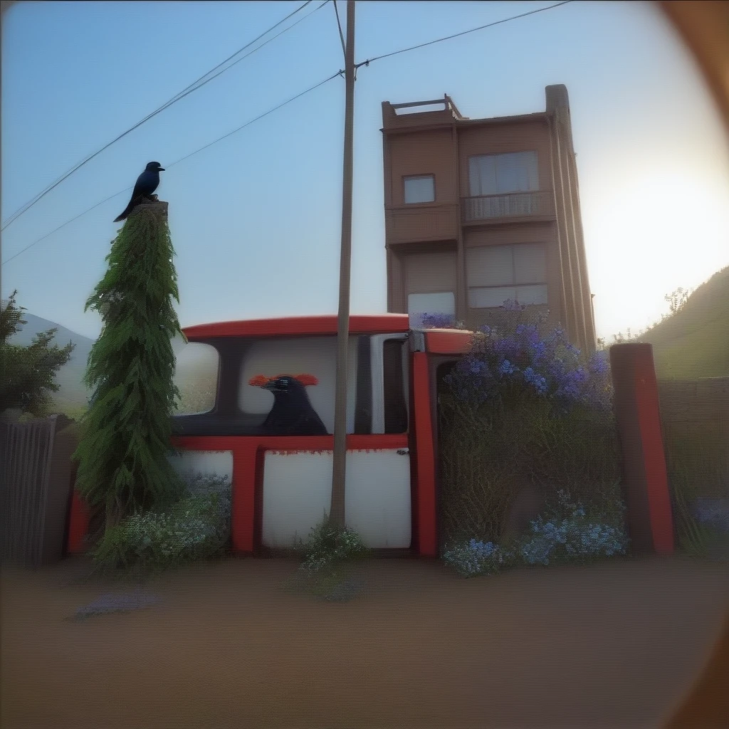 Tree, flowers , hills in background, some crow , car in the front