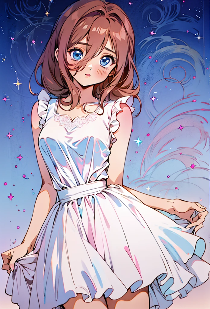 score_9, score_8_up, score_7_up, score_6_up, source anime, akihcipnxl, (1 girl) Sfw, Miku nakano, pretty teenage girl with fluffy long pink brown hair, heart shaped lips and blue eyes making a cute face, aamiku, Nakano Miku from The Quintessential Quintuplets, Miku Nakano, masterpiece, 4k, ultradetailed, cowboy shot, nakano Miku, pink red brown hair, blue eyes, sparkling eyes, night wear, white minimal simple nightwear matching set, white iridescent matching set, white satin and lace night vest, white satin and lace tank top with thin shoulder straps, white satin light night skirt, minimal outfit, simple outfit, all white outfit, full body, dynamic pose, moving, dynamism, hair between eyes, nightwear, starry sky behind her, night sky, pretty stars