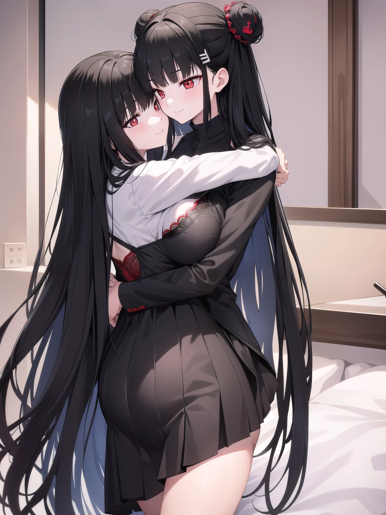 Rivertsukatsuki, River, black hair, (red eyes:1.5), Bun Hair、Extremely large breasts(4700)、 Lace Lingerie、 girl with long black hair and long grey hair、Twins hugging、smile
