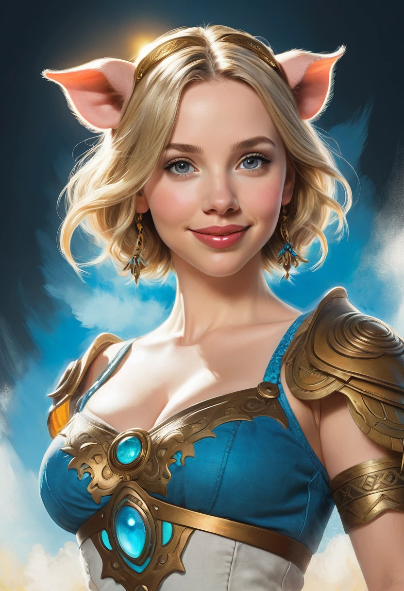 Create an illustrated, hand-drawn, full-color image of an humanoid, hybrid, anthropomorphic, sexy pig woman. The artwork should be rendered in the style of "Breath of the Wild," featuring warm lighting and shadows. Include graphite shading, stencil marks, and airbrushed acrylic paint effects. The image should be of the highest quality, a masterpiece with intricate details. pig nose, pig ears. The pig woman should have a female, humanoid, appearance. She should have luscious lips, a wide smile, and bright, expressive eyes, exuding beauty, cuteness, and adorableness. Ensure the image is high resolution and sharply detailed, with a detailed and vibrant background. Scarlett Johanson, Alison Brie, Dove Cameron Incorporate mystical lighting in the background, creating a romantic and enchanting atmosphere.