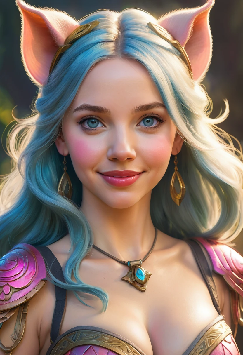 Create an illustrated, hand-drawn, full-color image of an humanoid, hybrid, anthropomorphic, sexy pig woman. The artwork should be rendered in the style of "Breath of the Wild," featuring warm lighting and shadows. Include graphite shading, stencil marks, and airbrushed acrylic paint effects. The image should be of the highest quality, a masterpiece with intricate details. pig nose, pig ears. The pig woman should have a female, humanoid, appearance. She should have luscious lips, a wide smile, and bright, expressive eyes, exuding beauty, cuteness, and adorableness. Ensure the image is high resolution and sharply detailed, with a detailed and vibrant background. Scarlett Johanson, Alison Brie, Dove Cameron Incorporate mystical lighting in the background, creating a romantic and enchanting atmosphere.
