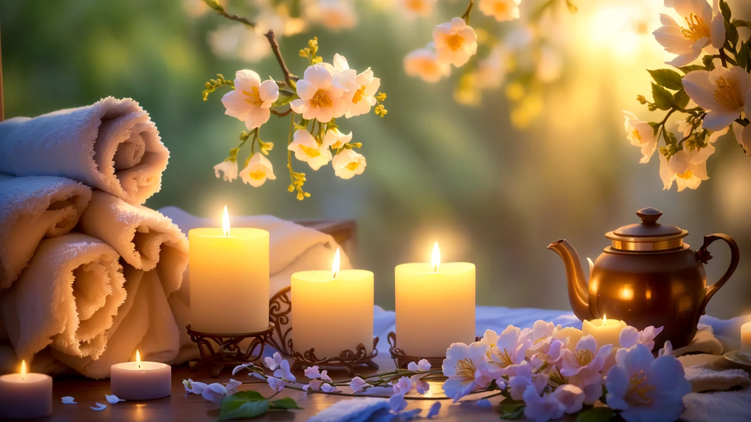Candles and towels are sitting on a table with flowers and teapots, relax atmosphere, Beautiful atmosphere, lit Candles, Peaceful atmosphere, Soft glow, Candles, Warm and fun atmosphere, relax mood, Romantic atmosphere, Beautiful atmosphere, Beautifully illuminated, Romantic atmosphere, spring evening, relax environment, glowing Candles, relax, Peaceful atmosphere, Soft and warm light
