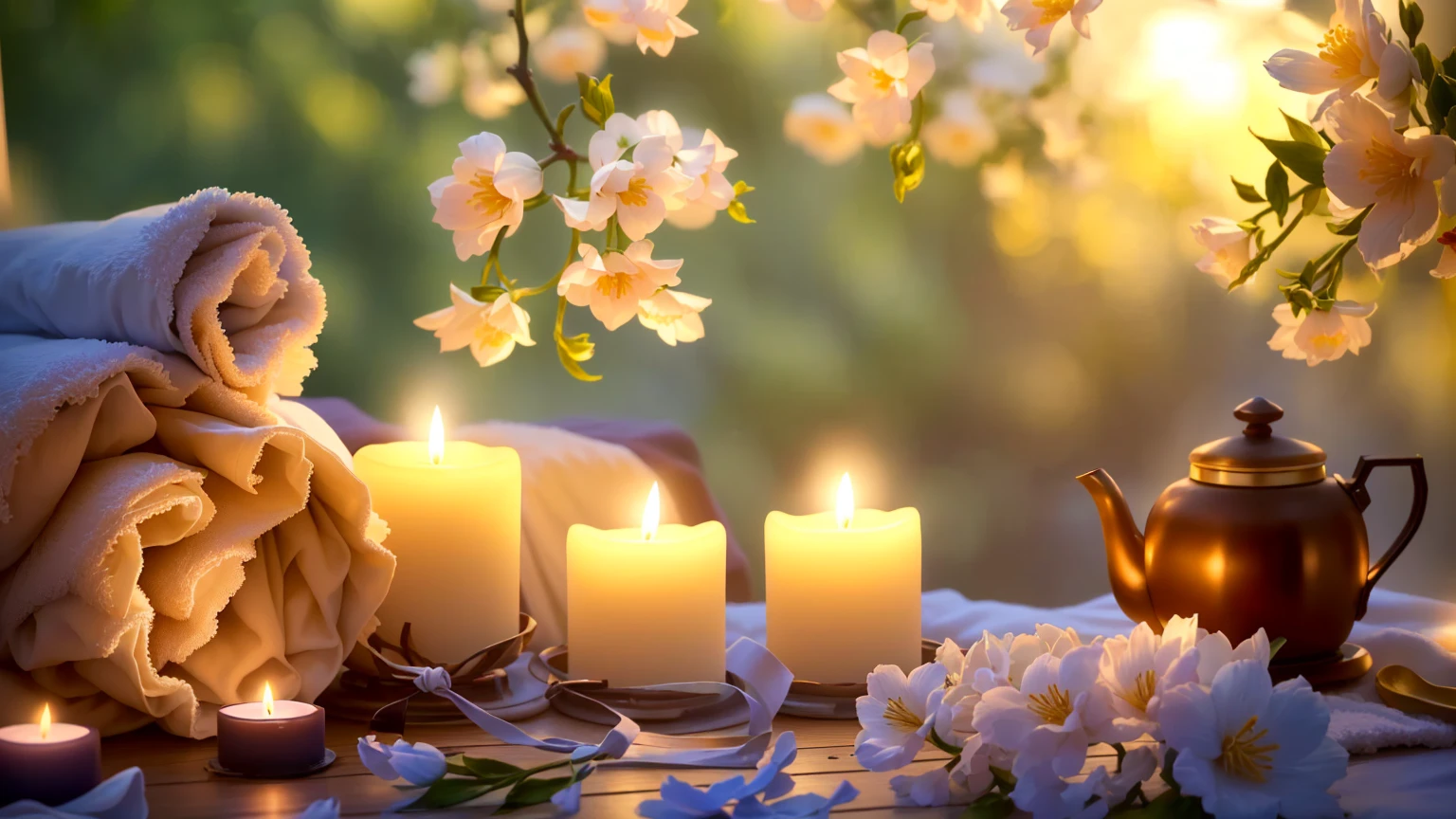 Candles and towels are sitting on a table with flowers and teapots, relax atmosphere, Beautiful atmosphere, lit Candles, Peaceful atmosphere, Soft glow, Candles, Warm and fun atmosphere, relax mood, Romantic atmosphere, Beautiful atmosphere, Beautifully illuminated, Romantic atmosphere, spring evening, relax environment, glowing Candles, relax, Peaceful atmosphere, Soft and warm light