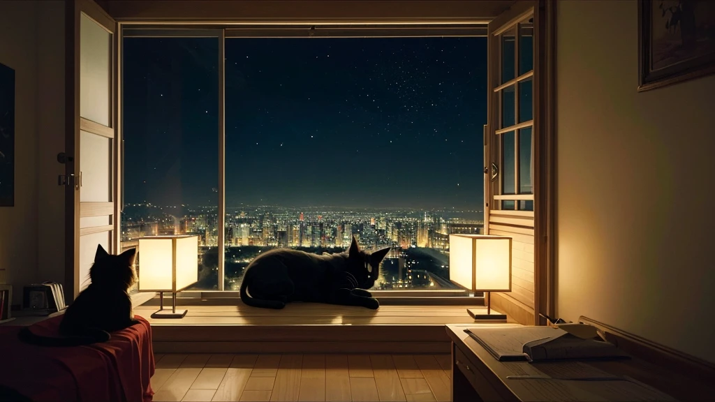 night、for sleeping、Highest quality、Inside the room、Sleeping girl、ephemeral、There is always a black cat somewhere in the room looking outside、Lofi Music、Fantasy、to become sad、relax、Healing、The room is dark、Outside view from the window、The background is a large proportion、Dark Room