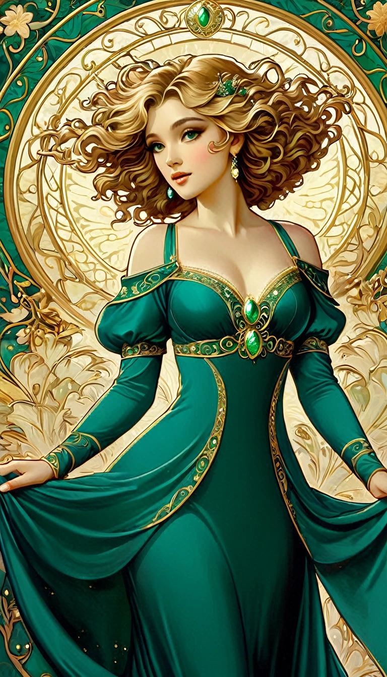 A beautiful woman in an Art Nouveau-inspired gown with flowing, organic lines and floral motifs. The gown transitions from deep emerald to golden hues, adorned with intricate gold embroidery. Her hair is styled in soft, romantic curls, and she wears vintage jewelry. The background features swirling, decorative patterns reminiscent of Alphonse Mucha's work, adding to the elegance.