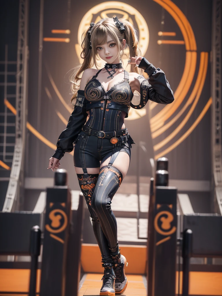figure from head to toe of a girl with a red hair and big golden eyes with ouroboros-shaped handband, standing od the black stone floor, highly details, fantasy style, blurred stricks and spots in the background, bright light