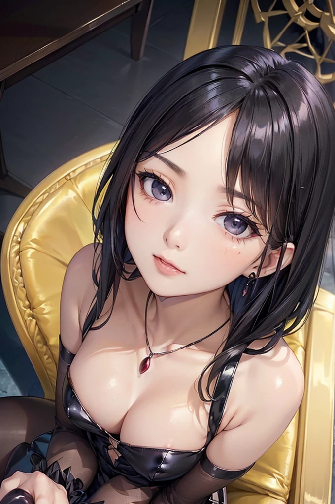 ((Biologically correct limb count))、(( From head to toe、Full-body photo including face))、4K、((Standing position))、masterpiece、((Focus on the face))、((Symmetrical facial features))、Eyes with detailed description、Beautiful woman、Great style、Beautiful arms、Beautiful legs、Beautiful Hands、(Small Ass、Thin thighs）、Facial detailing、Small earrings、necklace、(See-through gothic dresses、((High heels、Black glossy stockings))）、Black Hair、((Sitting in a chair looking up、There is a fruit parfait on a nearby table.))、Close-up photo of the upper body
