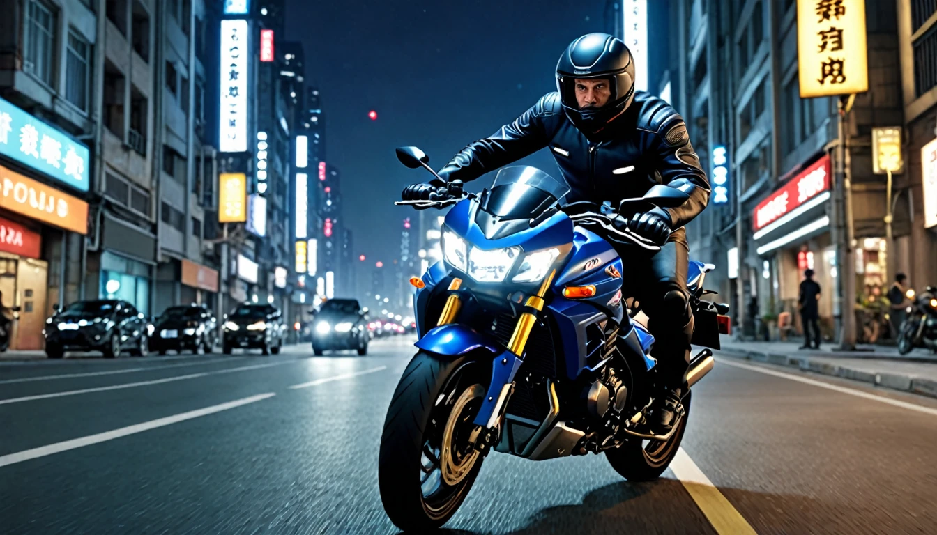 score_9, score_8_up, score_7_up, source_photo, photography, photorealistic, detailed, rating safe, front view, very wide shot, a Motorcycle runs in night city, a rider is middle aged man wearing ridersuit, masterpiece, best quality, 8k,