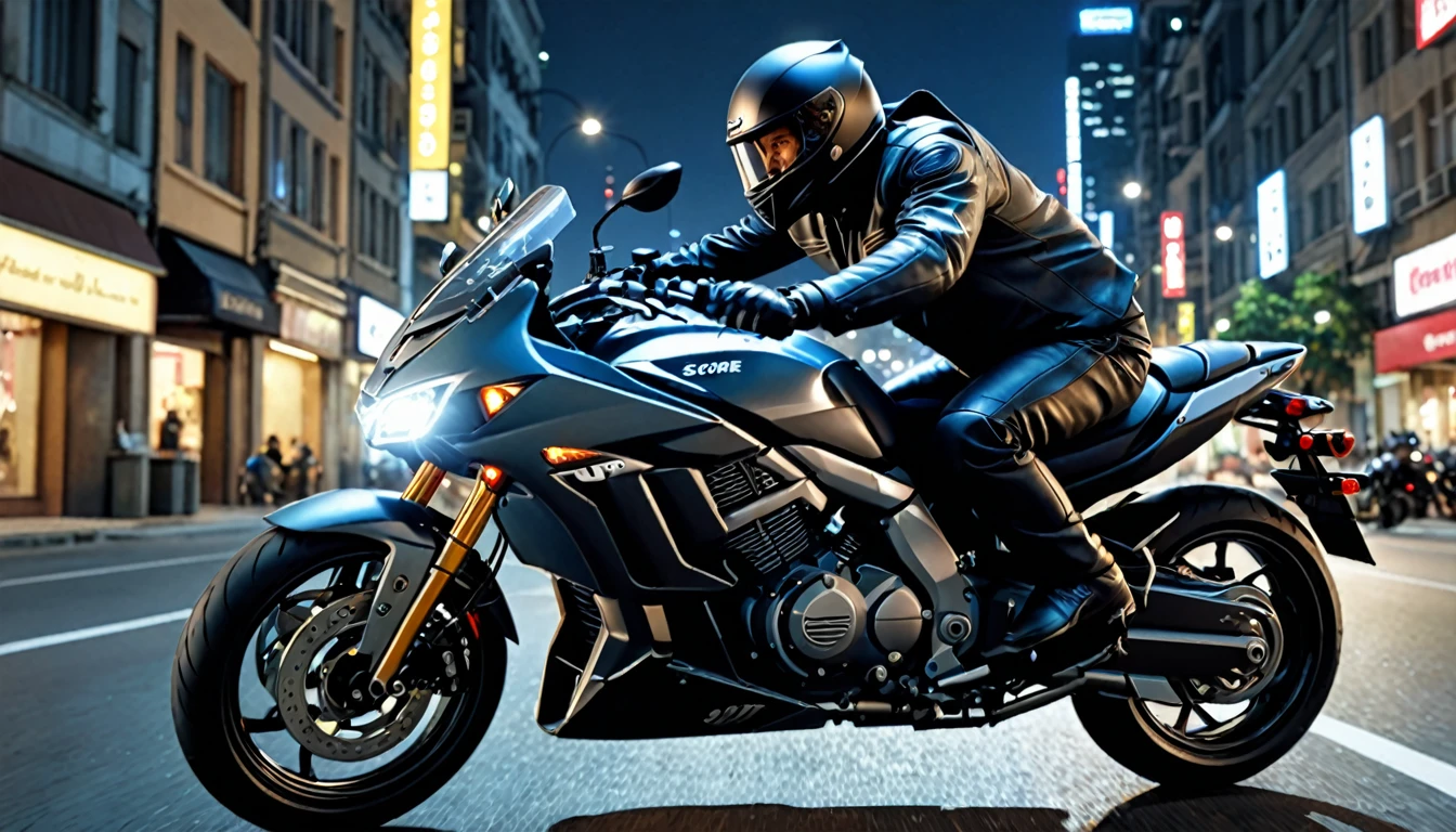 score_9, score_8_up, score_7_up, source_photo, photography, photorealistic, detailed, rating safe, front view, very wide shot, a Motorcycle runs in night city, a rider is middle aged man wearing ridersuit, masterpiece, best quality, 8k,