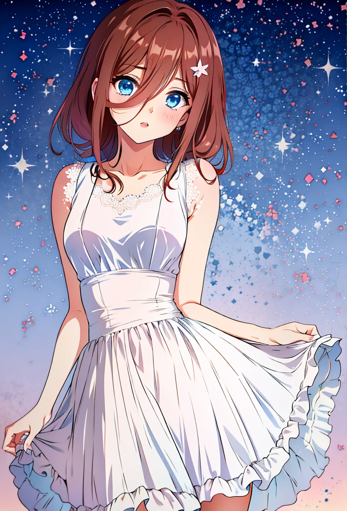 score_9, score_8_up, score_7_up, score_6_up, source anime, akihcipnxl, (1 girl) Sfw, Miku nakano, pretty age girl with fluffy long pink brown hair, heart shaped lips and blue eyes making a cute face, aamiku, Nakano Miku from The Quintessential Quintuplets, Miku Nakano, masterpiece, 4k, ultradetailed, cowboy shot, nakano Miku, pink red brown hair, blue eyes, sparkling eyes, night wear, white minimal simple nightwear matching set, white iridescent matching set, white satin and lace night vest, white satin and lace tank top with thin shoulder straps, white satin light night skirt, minimal outfit, simple outfit, all white outfit, full body, dynamic pose, moving, dynamism, hair between eyes, nightwear, starry sky behind her, night sky, pretty stars