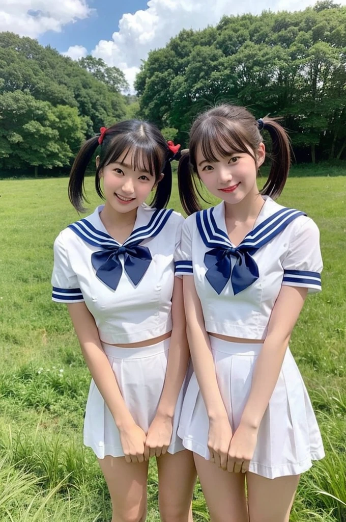 2 girls standing in rural field,cumulonimbus cloud in summer blue sky,white sailor shirt with red bow tie,white panties with navy blue frills,18-year-old,bangs,a little smile,thighs,knees,short hair with low pigtails bunches,from before,front light