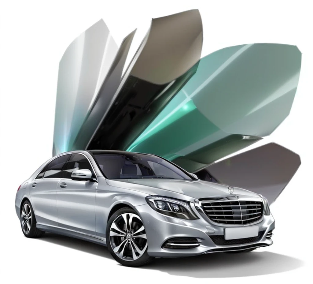 a silver Mercedes s - class parked in front of a colorful background, Cars painted with holographic paint, trippy colors, Car paint, Silver Chrome, Sparkling silver and rich colors, transparent black windshield, Lacquered glass, Three-color chrome coloring, Pearlescent, steel gray body, Chrome silver, Glossy design, brushed rose gold Car paint, Mercedes