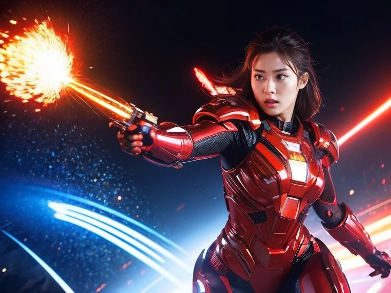 (RAW Photos, Highest quality), (Realistic, Photorealistic:1.3), 1 Girl、Realisticbody、Red and gold battle suit、Pyramid-shaped UFO from outer space、Countless laser beams、Tron、Starship、Mature Woman