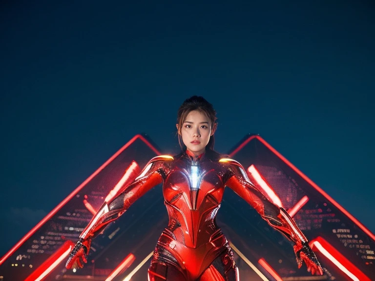 (RAW Photos, Highest quality), (Realistic, Photorealistic:1.3), 1 Girl、Realisticbody、Red and gold battle suit、Pyramid-shaped UFO from outer space、Countless laser beams、Tron、Starship、Mature Woman