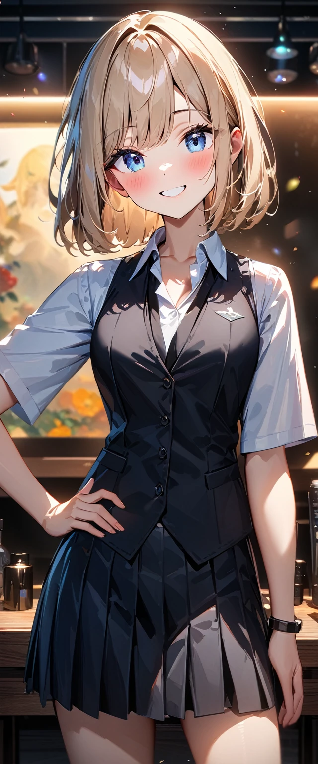 (((One girl))), blond hair, bob cut, (cowboy shot), (looking at viewer), (open collar:1.3), ((black tie under the waistcoat)), face in focus, teenager, head tilt:1.3, (((blue eye))), ((happy smile)), ((blush)), contrapposto, one hand on hip, school summer uniform, white shirts, skirt, black waistcoat, anime style, (best quality, 4k, 8k, highres, masterpiece:1.2, ultra-detailed, ultra-detailed eyes, HDR, UHD, studio lighting, ultra-fine painting, sharp focus, physically-based rendering, extreme detail description, professional, vivid colors, bokeh)