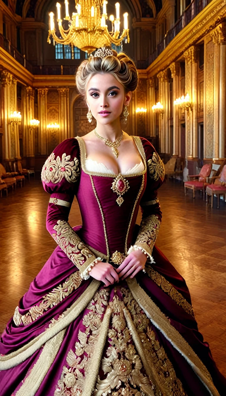 A Renaissance-inspired scene of a woman in a regal gown with rich, textured fabrics. The gown transitions from deep burgundy to gold, adorned with intricate embroidery and jewels. Her hair is styled in a regal updo, and she wears elaborate jewelry. The background features a grand Renaissance hall with detailed frescoes and opulent decor, creating a sense of historical grandeur
