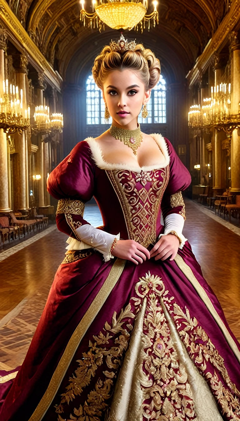 A Renaissance-inspired scene of a woman in a regal gown with rich, textured fabrics. The gown transitions from deep burgundy to gold, adorned with intricate embroidery and jewels. Her hair is styled in a regal updo, and she wears elaborate jewelry. The background features a grand Renaissance hall with detailed frescoes and opulent decor, creating a sense of historical grandeur