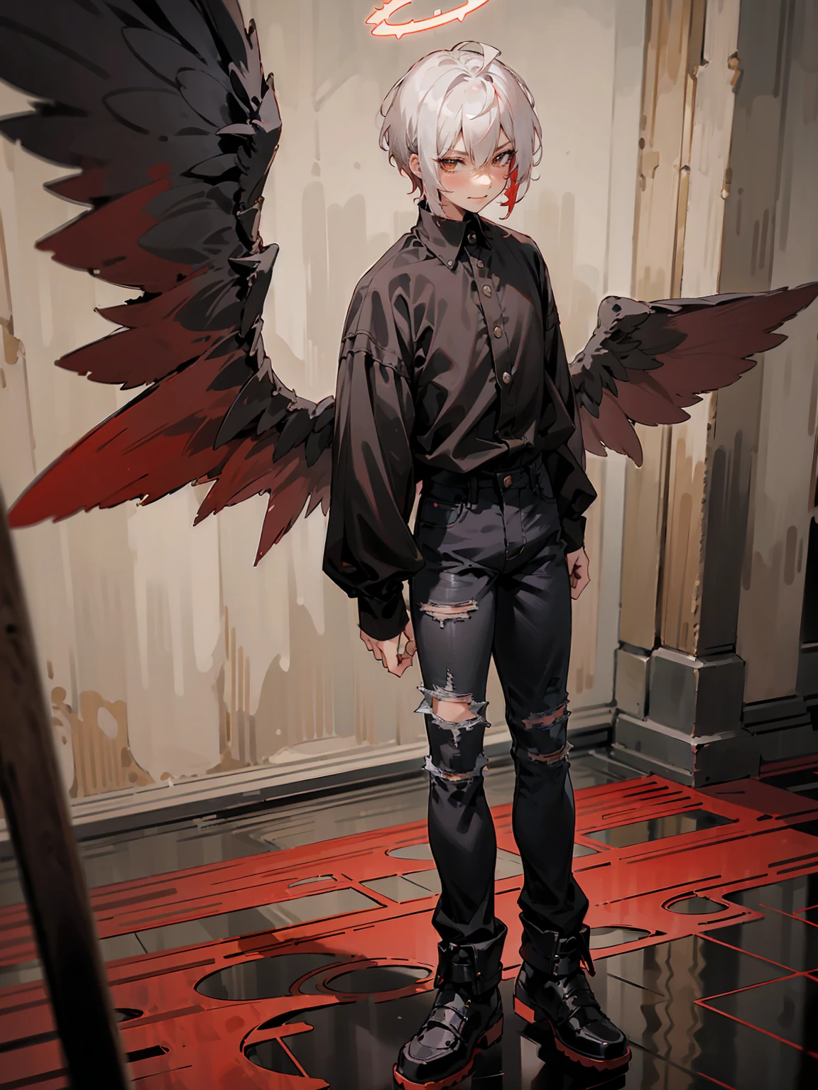 1male, Adult, Two Tone Hair, Crimson and White Hair, Short Hair, Undercut Hair, Red Angel Halo, Black Angel Wings, Golden Eyes, Smirk, Black Flannel Shirt, Black Ripped Jeans, Standing On Path