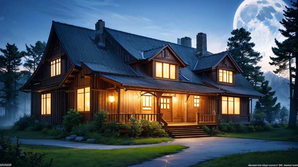 House with porch and porch on hill under full moon, Quiet wooden mansion, realistic fantasy render, Beautiful rendering, beautiful artist rendering, Luxury wooden cottage, House Background, Inspired by Terry Redlin, Unreal Engine ; Romantic Theme, Realistic fantasy illustration, Photorealistic Rendering, Background artwork, Night rendering, 8k high quality detailed art