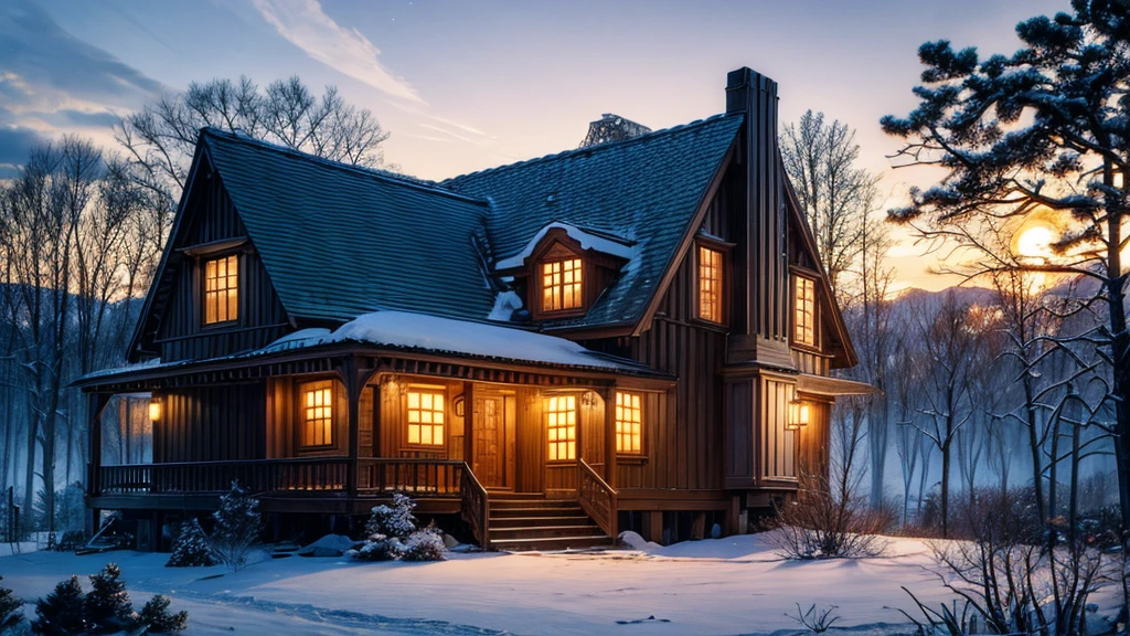 House with porch and porch on hill under full moon, Quiet wooden mansion, realistic fantasy render, Beautiful rendering, beautiful artist rendering, Luxury wooden cottage, House Background, Inspired by Terry Redlin, Unreal Engine ; Romantic Theme, Realistic fantasy illustration, Photorealistic Rendering, Background artwork, Night rendering, 8k high quality detailed art