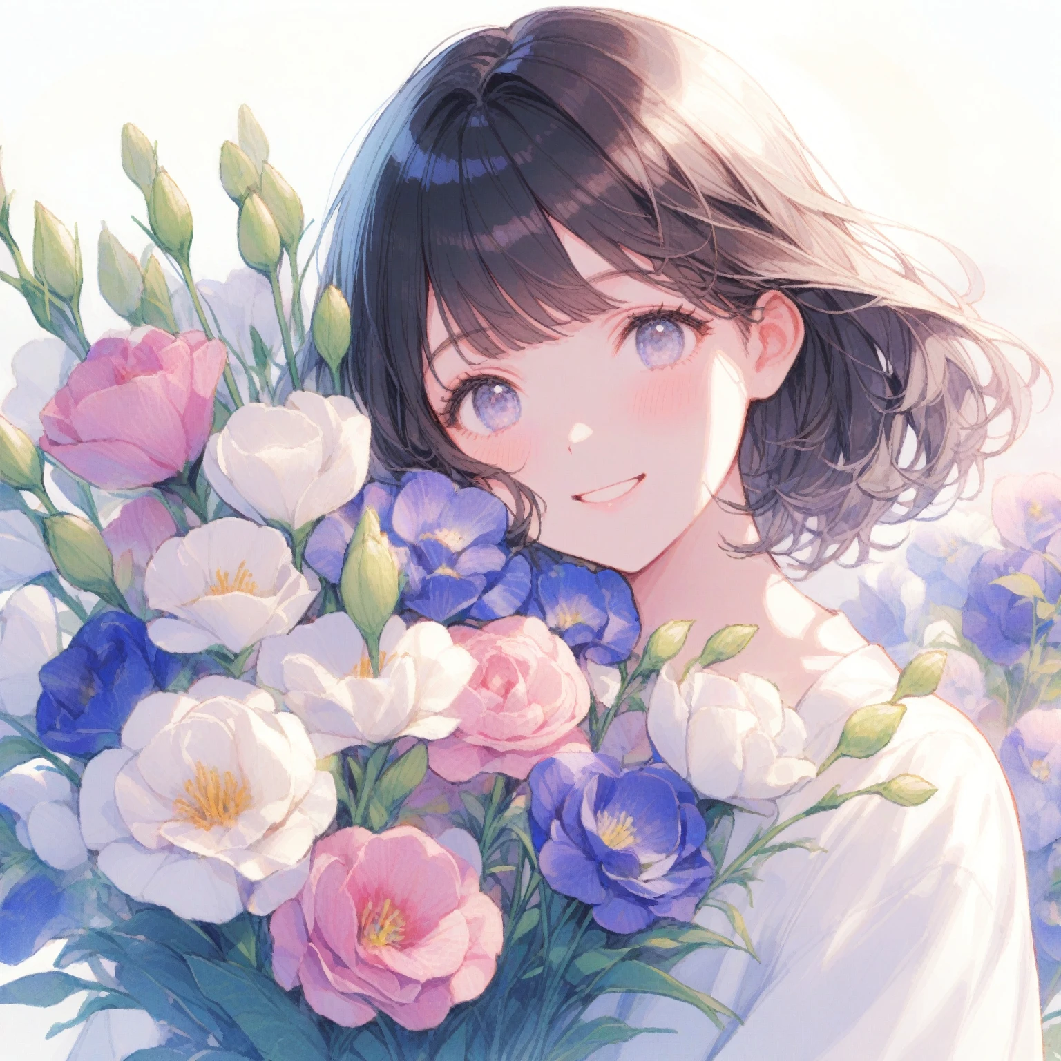 1girl, Eustoma grandiflorum、「clear々Beautiful」「beautiful」「hope」、clear々A hearty laugh、Lisianthus、tegaki
