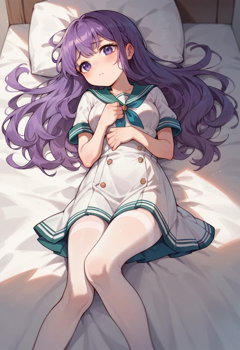 black leggings,loli,sailor,dress,cute,lying,,purple hair,long hair,,shy,medium breasts