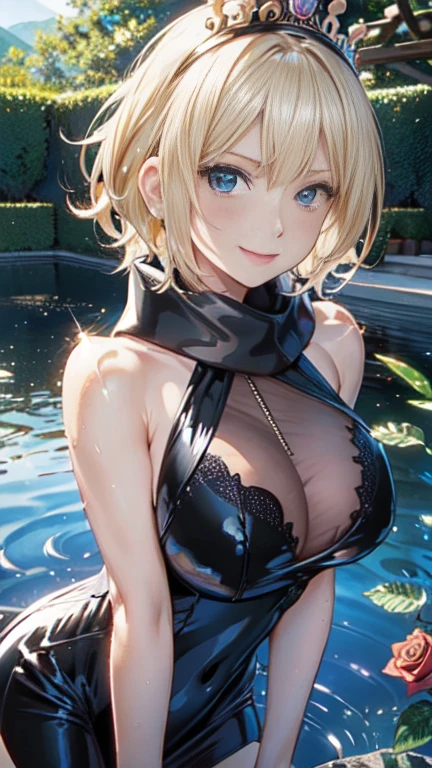 the same,
Depicts only one woman,

Golden Hair,Wet hair texture,water droplets dripping from hair,
(Short Hair.05),Ashime,straight,

((Black Rose))Hair Accessories,Purple Necklace,

Natural skin texture,Big boobs,Narrow waist,Bring both arms together,
Slightly muscular body,

((((Black one piece dress)))),
Black scarf,
(((Black transparent jacket))),
Golden crown,

Neuschwanstein Castle,Garden of Roses,Are standing,Don&#39;t sit,
11:45 AM,soak up to your chest in water,Garden pond,Fish in the pond,

Slightly larger breasts,expression(smile),Hall々and attitude,White teeth,Wide open mouth,Narrow your eyes halfway,
blush,from the front,Sexy pose,Broken posture,

Natural depiction,
Beautiful depiction,
Shiny eyes,
Healthy Body,
Natural hairstyle,
Natural body contours,
Natural facial contours,
(Five fingers)Absolute depiction,Symmetrical fingers,
Two arms,
Two legs,
Sharp eyelid depiction,
Symmetrical eyes,Symmetrical eyes,
Keep the subject in the center,Expand the upper body,
Beautiful image quality,
Delicate shades,
4K,Very detailed,
Delicate light adjustment,
Delicate contour drawing,
Does not depict nipples,