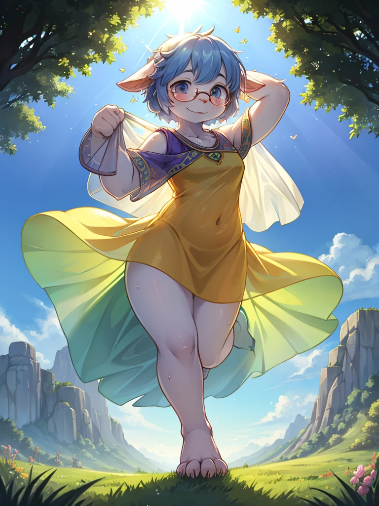 Hallucination , (ugly geek Sow) , (butterface) , relaxed Fluttering white thin huge fabric , Dancing on the top of hill , halation , Strong sunlight , The fabric is see-through, so your skin is visible , Divine Light , morning dew