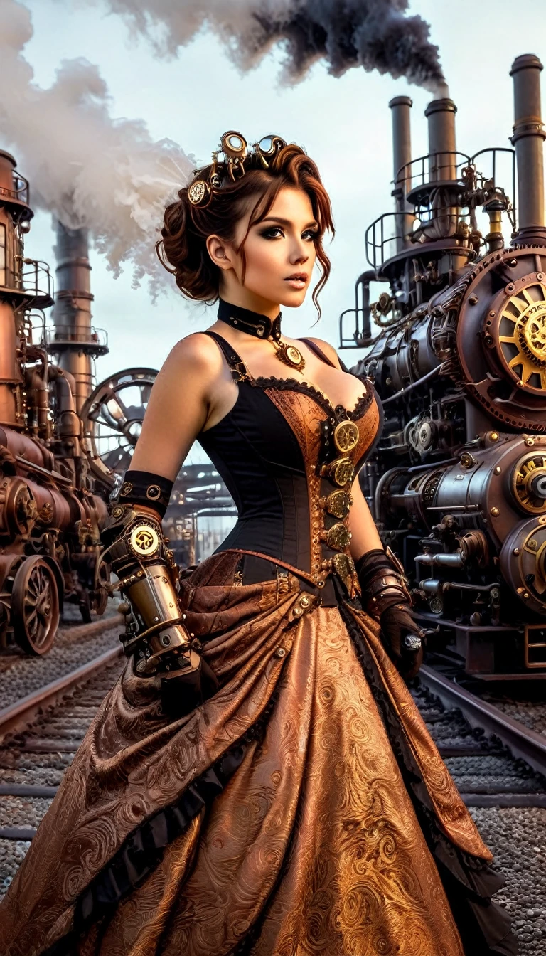 A steampunk-themed scene of a woman in a Victorian-style gown with mechanical embellishments. The gown transitions from copper to bronze, adorned with gears and clockwork designs. Her hair is styled in an intricate updo, and she wears steampunk accessories. The background features an industrial landscape with steam and machinery, creating a gritty, retro-futuristic vibe