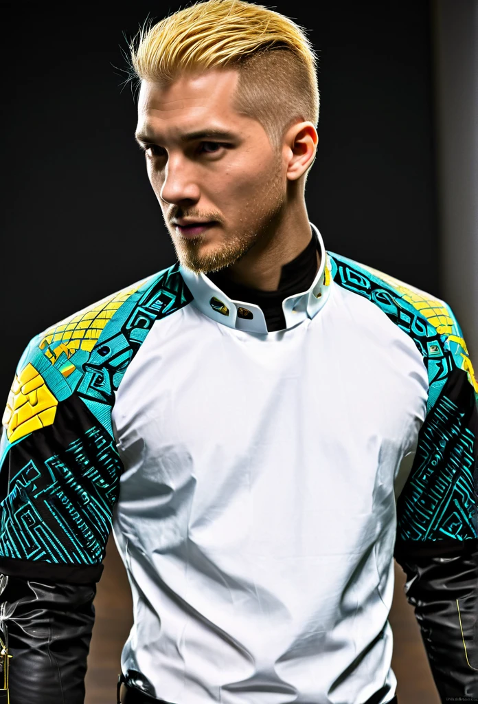 Matrix cyberpunk shirt blond man futuristic embroidery on a men's shirt, cyberpunk cyberpunk patterns are embroidered near the neck, sleeves without patterns, only a computer circuit is embroidered near the neck i