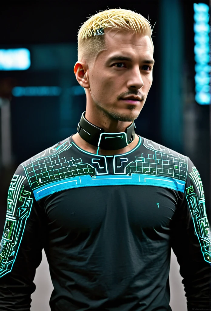 Matrix cyberpunk shirt blond man futuristic embroidery on a men's shirt, cyberpunk cyberpunk patterns are embroidered near the neck, sleeves without patterns, only a computer circuit is embroidered near the neck i