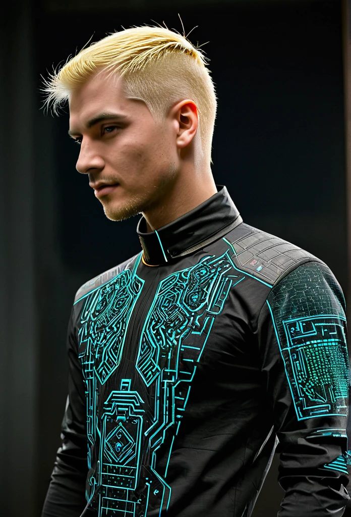 Matrix cyberpunk shirt blond man futuristic embroidery on a men's shirt, cyberpunk cyberpunk patterns are embroidered near the neck, sleeves without patterns, only a computer circuit is embroidered near the neck i