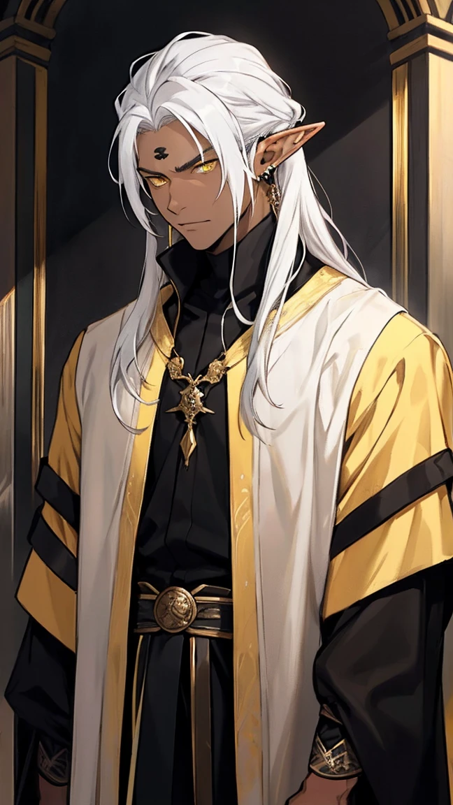  Man, tall, big, strong, black, elf, black, black skin, long hair, yellow eyes, elf, earring, emperor, domineering , Straight white hair, white hair, yellow eyes , black skin 